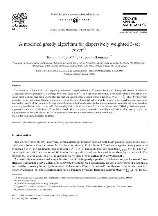 (PDF) A modified greedy algorithm for dispersively weighted 3-set cover