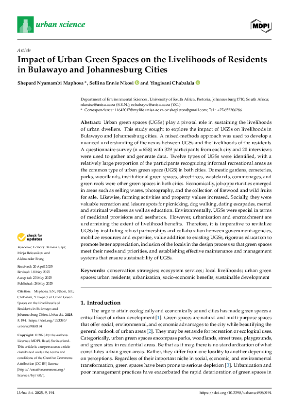 (PDF) Impact of Urban Green Spaces on the Livelihoods of Residents in ...