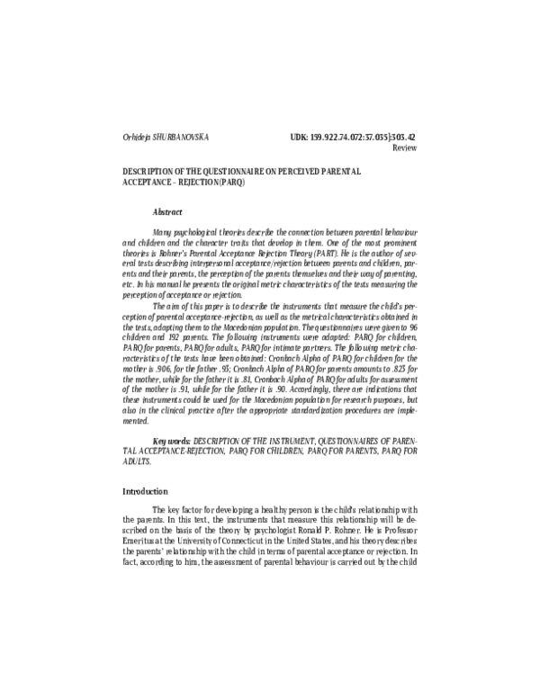 (PDF) Description of the Questionnaire on Perceived Parental Acceptance ...