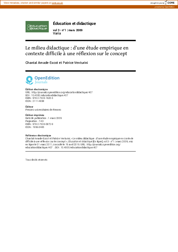 (PDF) Le milieu didactique : d’une étude empirique en contexte ...