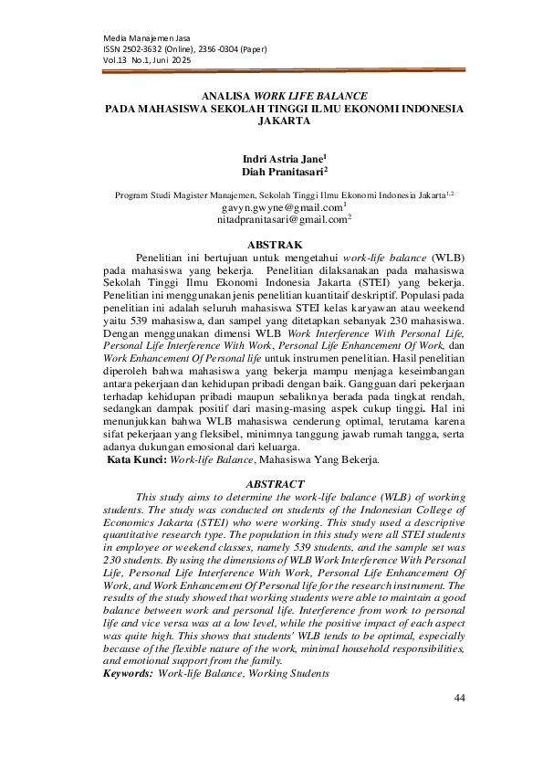 (PDF) ANALISA WORK LIFE BALANCE PADA MAHASISWA SEKOLAH TINGGI ILMU ...