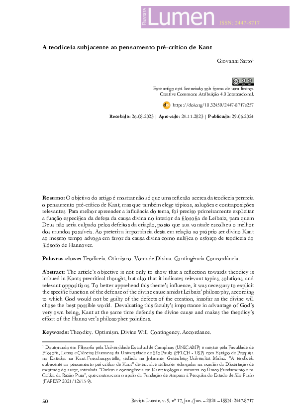 (PDF) A teodiceia subjacente ao pensamento pré-crítico de Kant / The ...