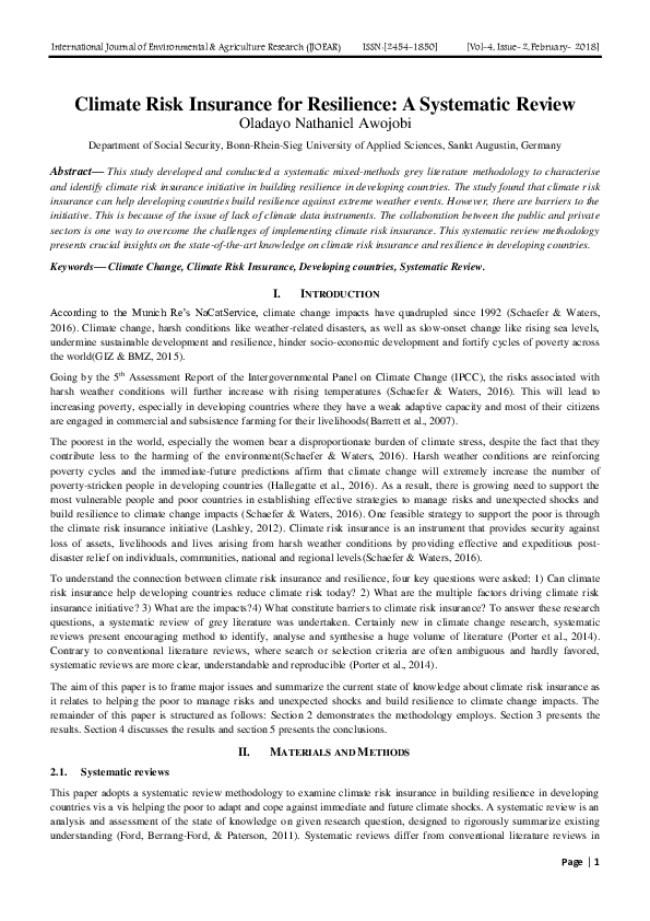 (PDF) Climate Risk Insurance For Resilience: A Systematic Review
