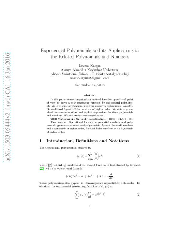 (PDF) A new Generating Function of Exponential Polynomials and its ...