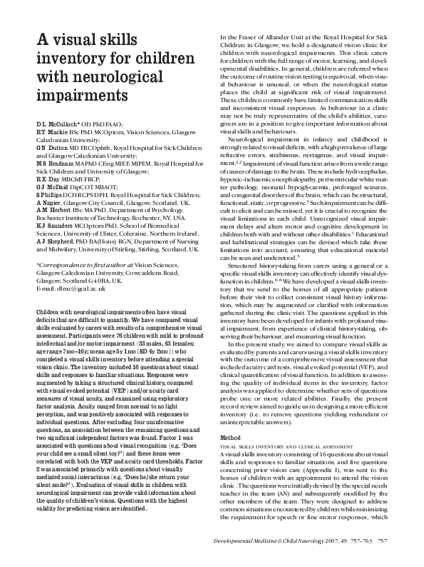 (PDF) A visual skills inventory for children with neurological impairments