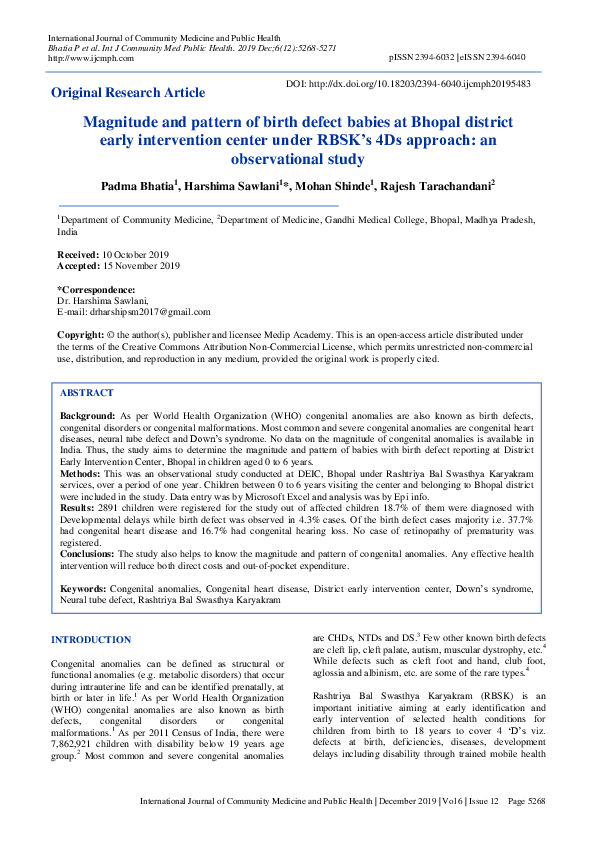 (PDF) Magnitude and pattern of birth defect babies at Bhopal district ...