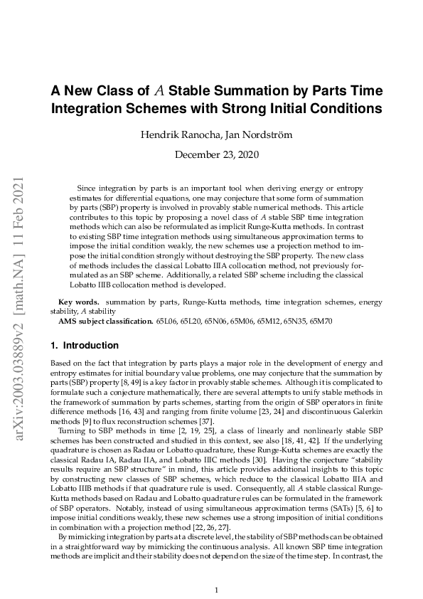 (PDF) A New Class of $A$ Stable Summation by Parts Time Integration ...