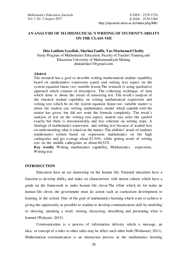 (PDF) An Analysis of Mathematical’s Writing of Student’s Ability on the ...