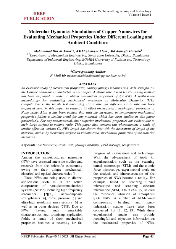 (PDF) Molecular Dynamics Simulations of Copper Nanowires for Evaluating ...