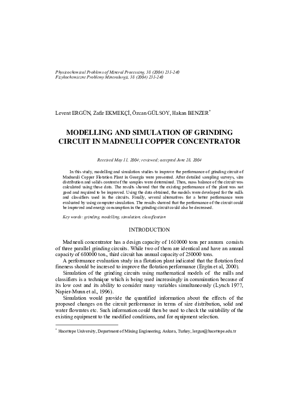 (PDF) Modelling and simulation of grinding circuit in Madneuli copper ...