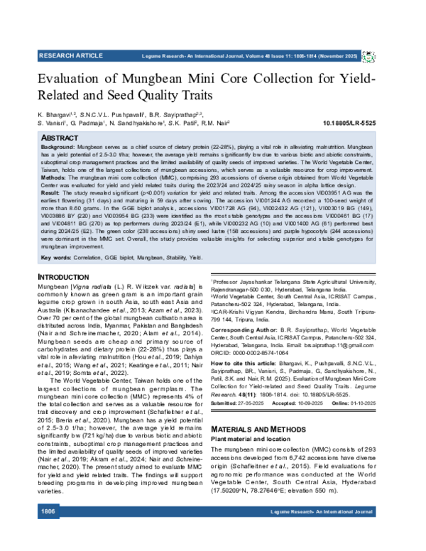(PDF) Evaluation of Mungbean Mini Core Collection for Yield-Related and ...
