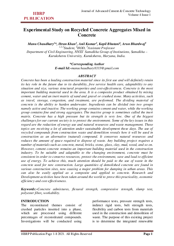 (PDF) Experimental Study on Recycled Concrete Aggregates Mixed in Concrete