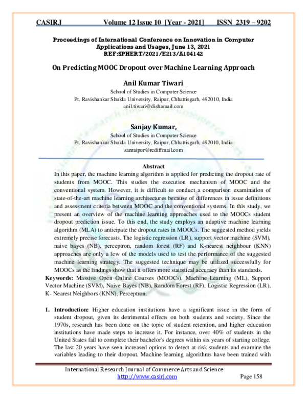 (PDF) On Predicting MOOC Dropout over Machine Learning Approach
