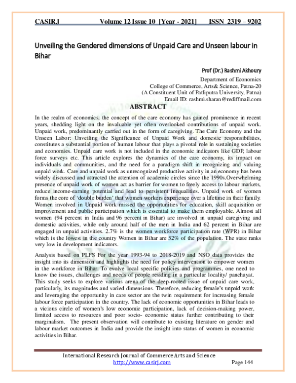 (PDF) Unveiling the Gendered dimensions of Unpaid Care and Unseen ...