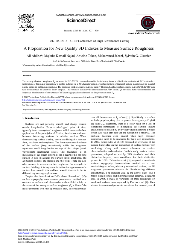 (PDF) A Proposition for New Quality 3D Indexes to Measure Surface Roughness