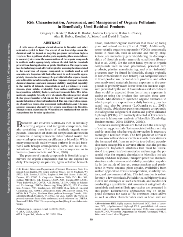 (PDF) Risk characterization, assessment, and management of organic ...