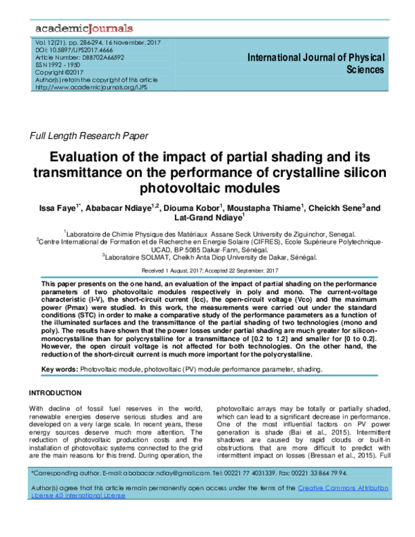 (PDF) Evaluation of the impact of partial shading and its transmittance ...