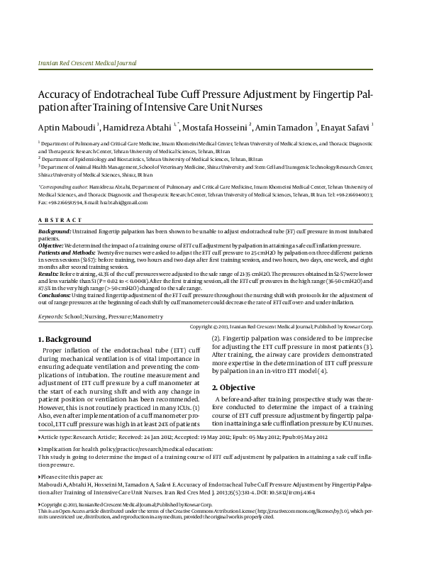 (PDF) Accuracy of Endotracheal Tube Cuff Pressure Adjustment by ...