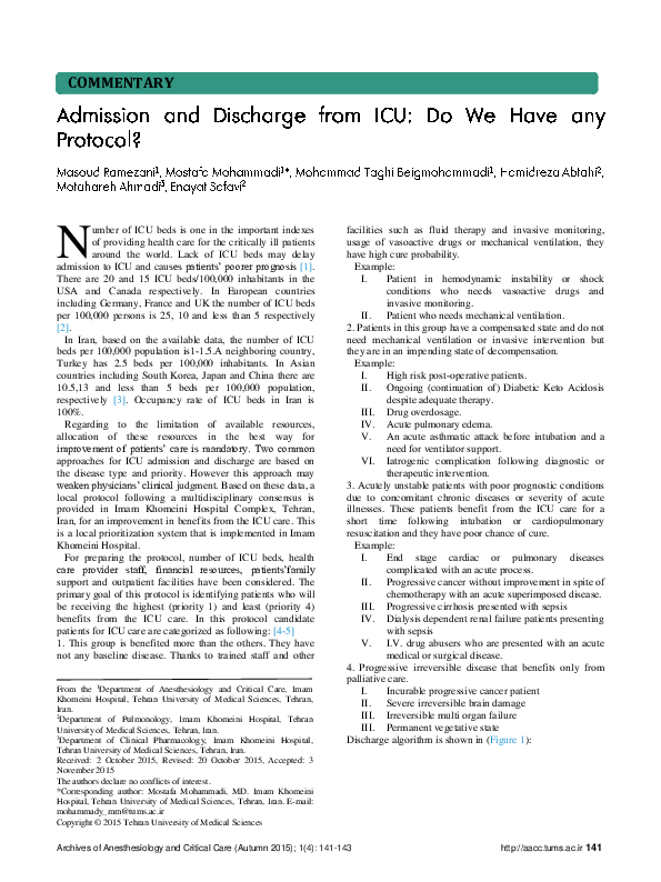 (PDF) Admission and Discharge from ICU: Do We Have any Protocol?