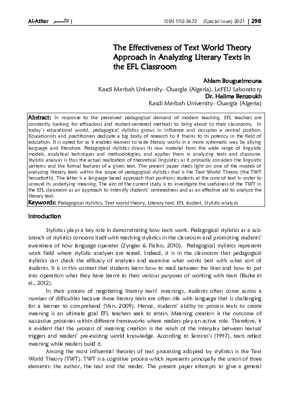 (PDF) The Effectiveness of Text World Theory Approach in Analyzing ...