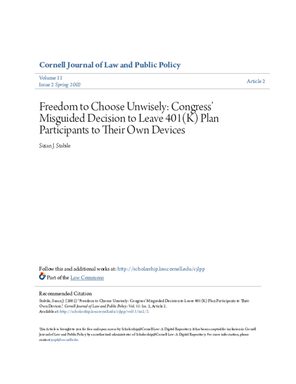 (PDF) Freedom to Choose Unwisely: Congress’ Misguided Decision to Leave ...