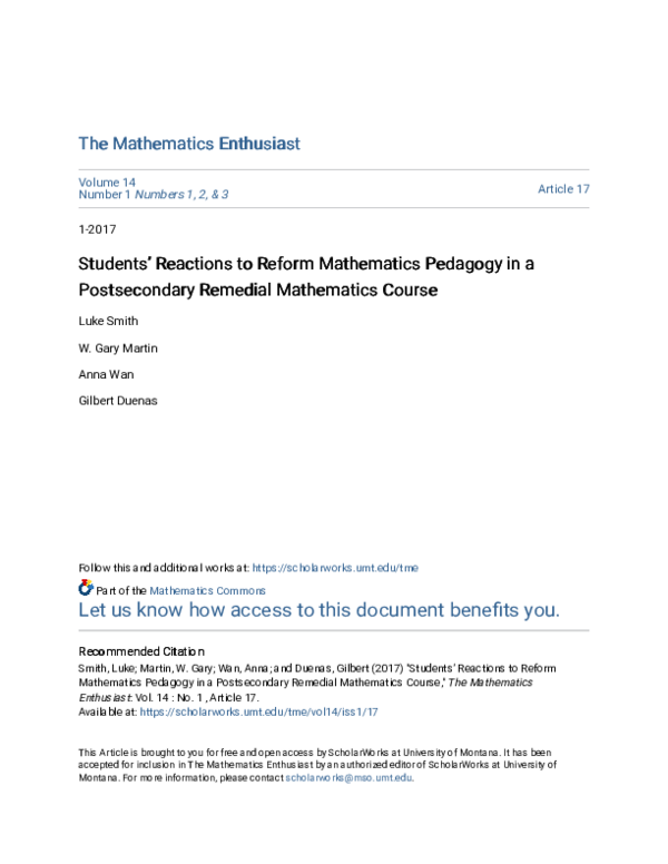 (PDF) Students’ Reactions to Reform Mathematics Pedagogy in a ...
