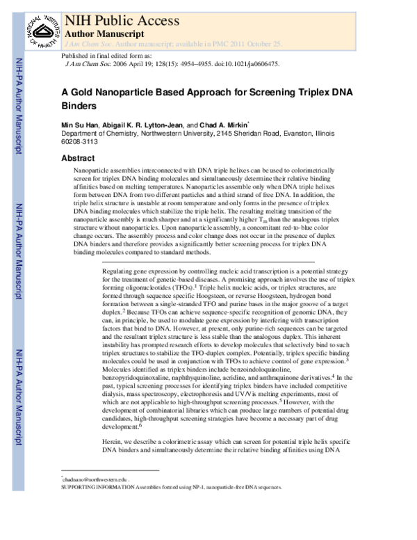 (PDF) A Gold Nanoparticle Based Approach for Screening Triplex DNA Binders