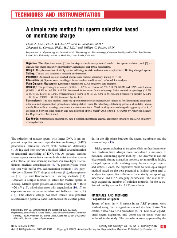 (PDF) A simple zeta method for sperm selection based on membrane charge