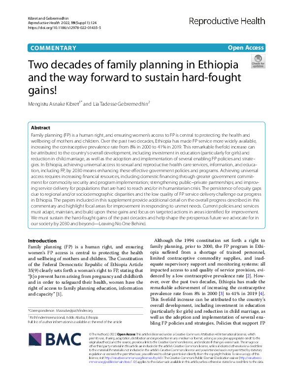 (PDF) Two decades of family planning in Ethiopia and the way forward to ...