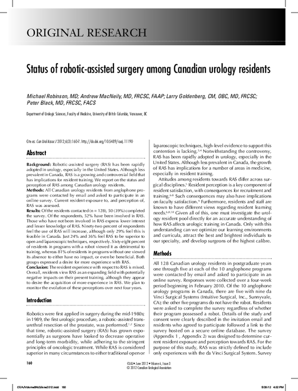 (PDF) Status of robotic-assisted surgery among Canadian urology residents