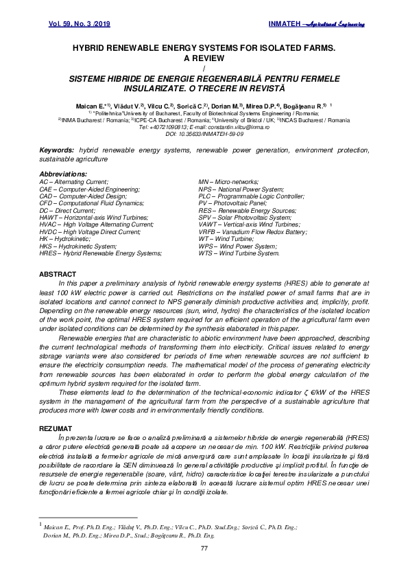 (PDF) Hybrid Renewable Energy Systems for Isolated Farms. A Review