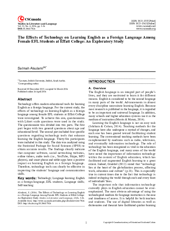 (PDF) The Effects of Technology on Learning English as a Foreign ...