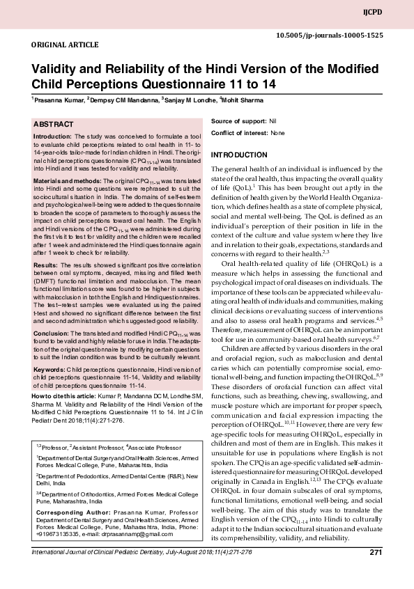 (PDF) Validity and Reliability of the Hindi Version of the Modified ...