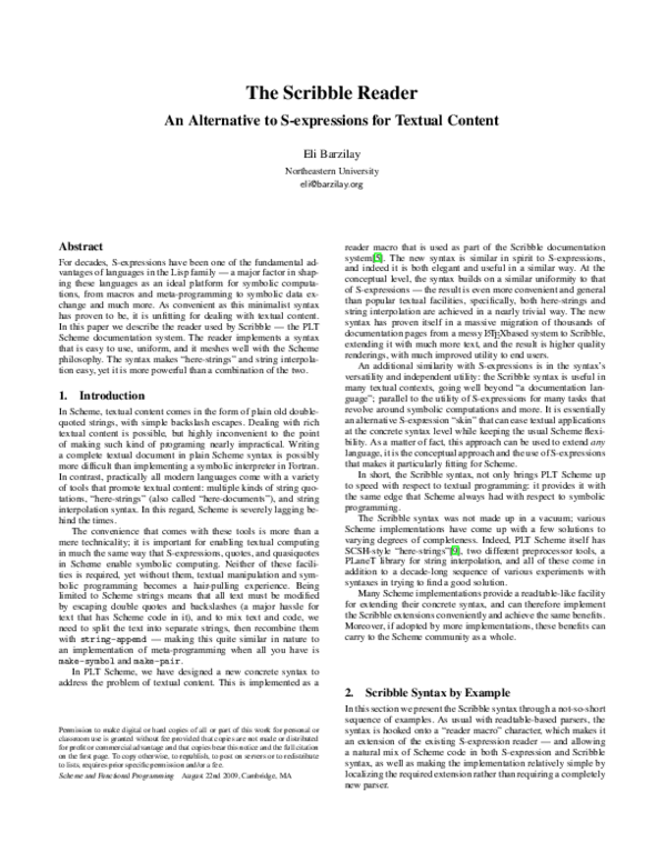 (PDF) The Scribble Reader An Alternative to S-expressions for Textual ...