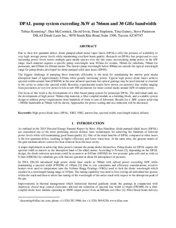 (PDF) DPAL pump system exceeding 3kW at 766nm and 30 GHz bandwidth
