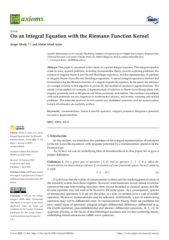 (PDF) On an Integral Equation with the Riemann Function Kernel