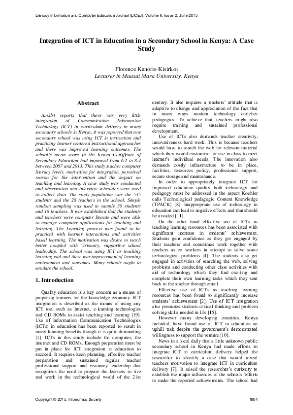 (PDF) Integration of ICT in Education in a Secondary School in Kenya: A ...