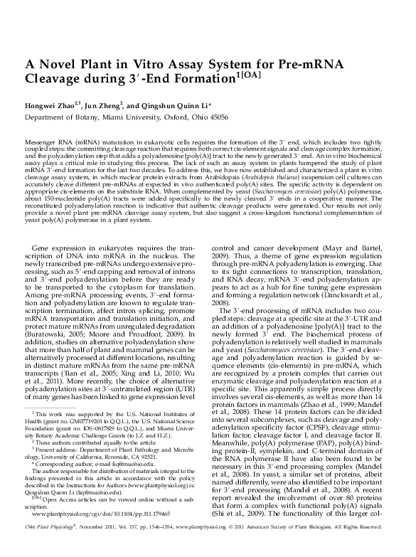 (PDF) A Novel Plant in Vitro Assay System for Pre-mRNA Cleavage during ...