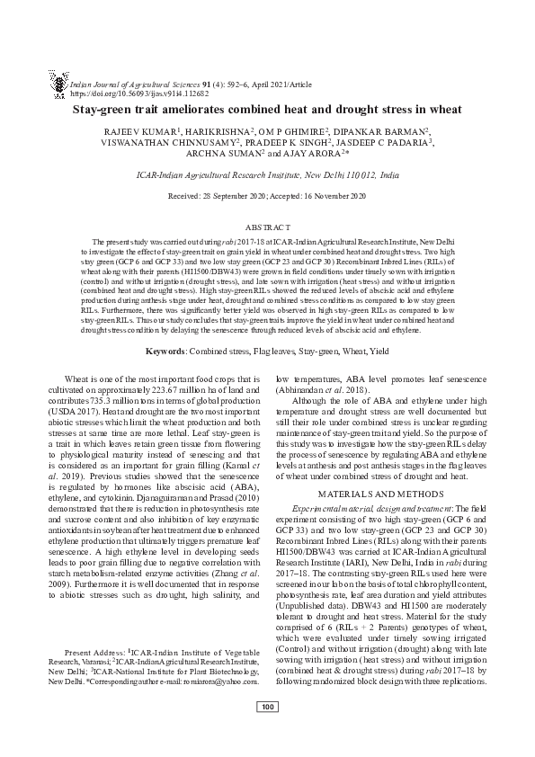 (PDF) Stay-green trait ameliorates combined heat and drought stress in ...