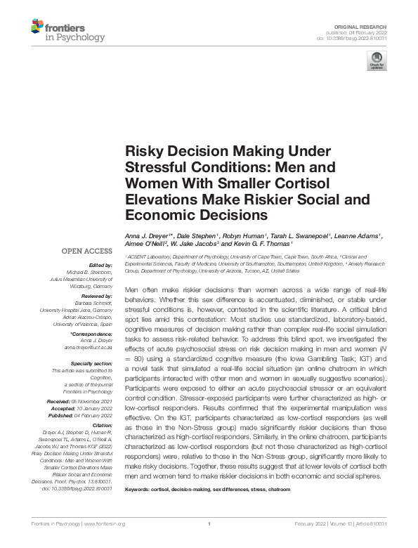 (PDF) Risky Decision Making Under Stressful Conditions: Men and Women ...