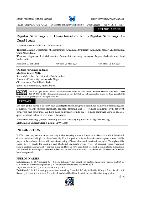 PDF) Regular Semirings and Characterisation of P-Regular Semirings