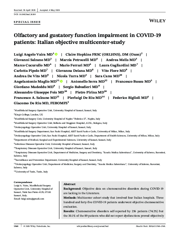 (PDF) Olfactory and gustatory function impairment in COVID-19 patients ...