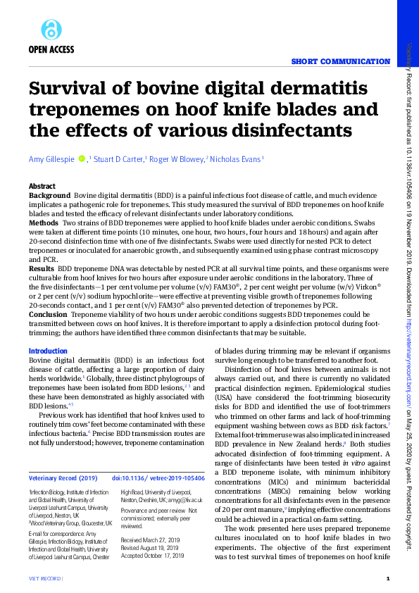 (PDF) Survival of bovine digital dermatitis treponemes on hoof knife ...