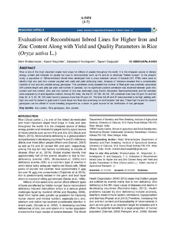 (PDF) Evaluation of Recombinant Inbred Lines for Higher Iron and Zinc ...