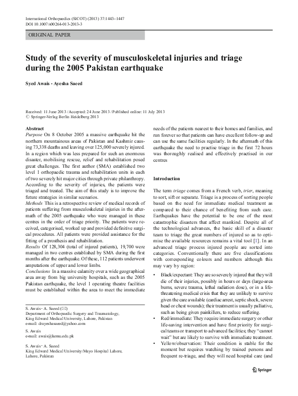 (PDF) Study of the severity of musculoskeletal injuries and triage ...