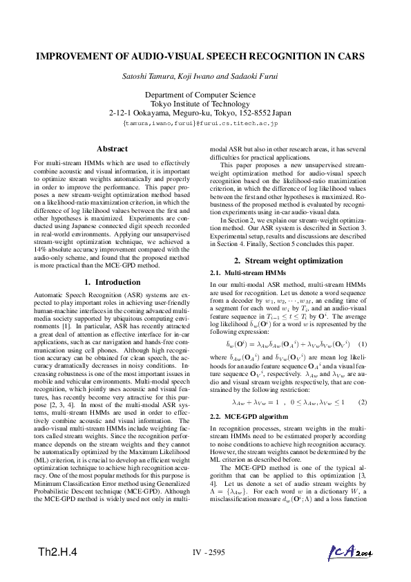 (PDF) Improvement Of Audio-Visual Speech Recognition In Cars