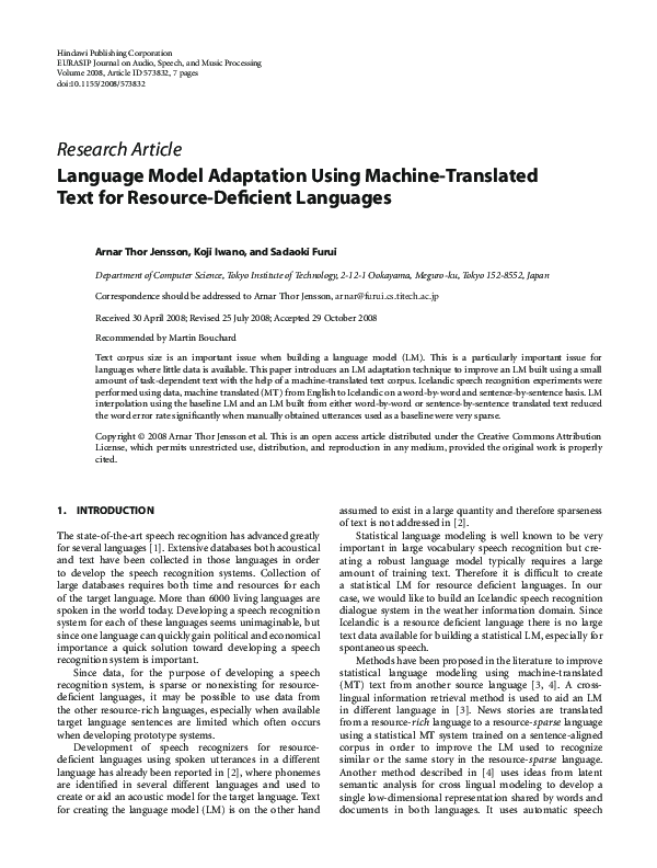 (PDF) Language Model Adaptation Using Machine-Translated Text for ...
