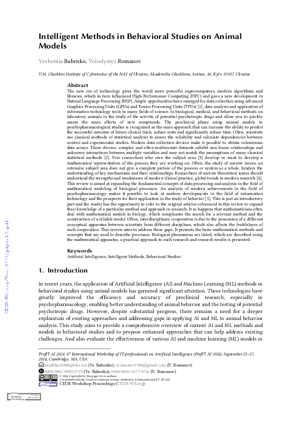 (PDF) Intelligent Methods in Behavioral Studies on Animal Models