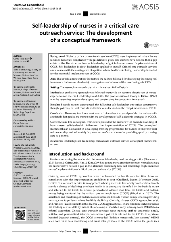(PDF) Self-leadership of nurses in a critical care outreach service ...