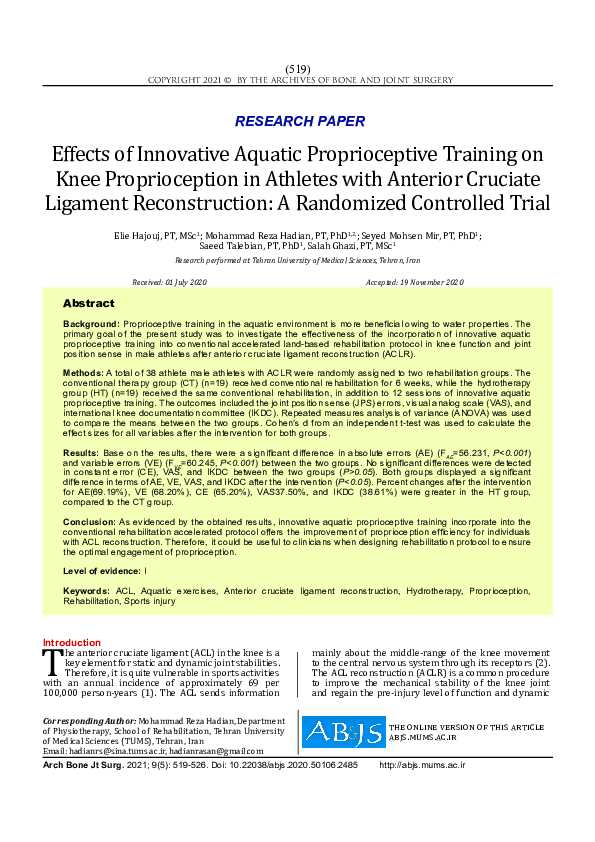 (PDF) Effects of Innovative Aquatic Proprioceptive Training on Knee ...